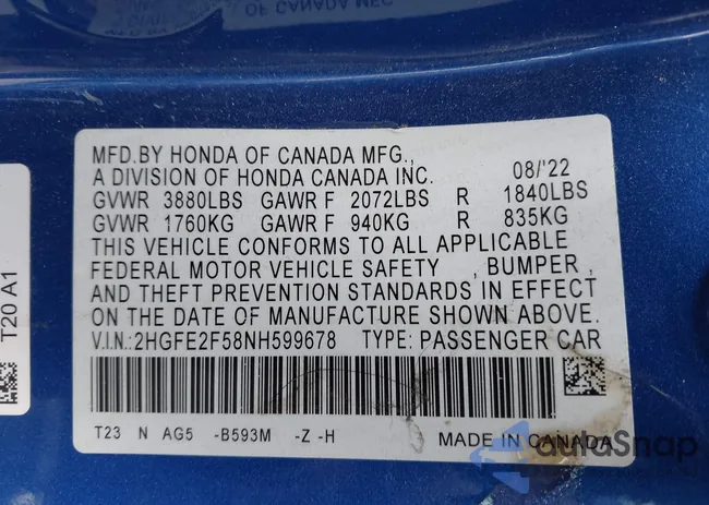 2HGFE2F58NH599678: 44356100