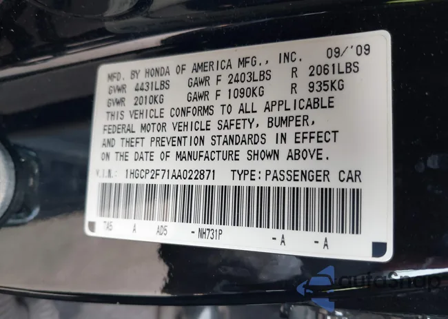 1HGCP2F71AA022871: 44357279