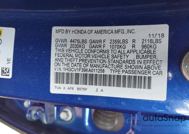 1HGCV1F39KA011258: 44360161