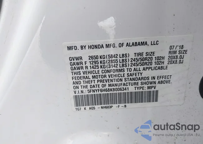 5FNYF6H68KB006341: 44361189