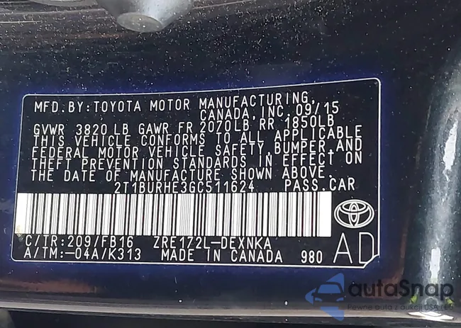 2T1BURHE3GC511624: 44364207