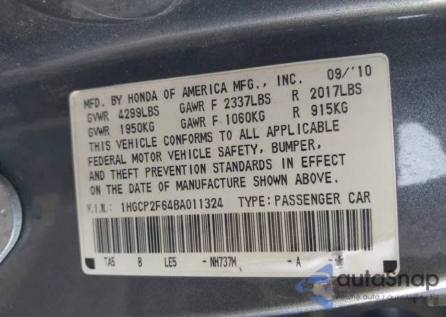 1HGCP2F64BA011324: 44364626