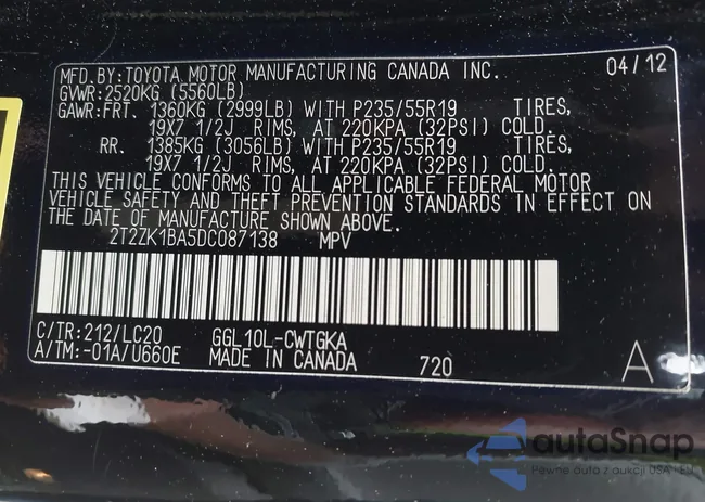 2T2ZK1BA5DC087138: 44365927