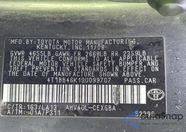 4T1BB46K19U099707: 44371047