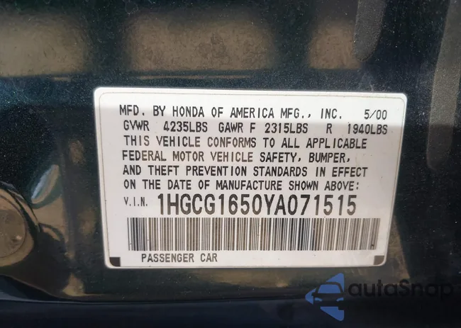 1HGCG1650YA071515: 44370738