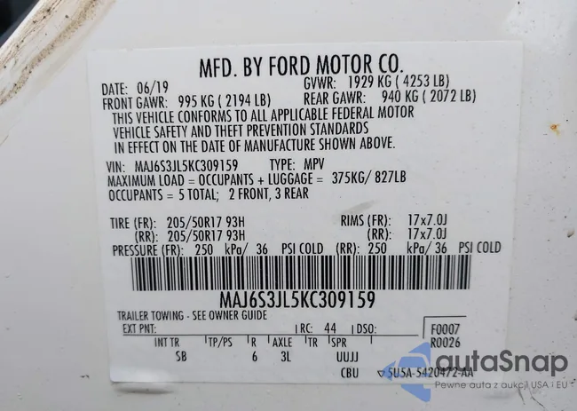 MAJ6S3JL9KZ309159: 44370800