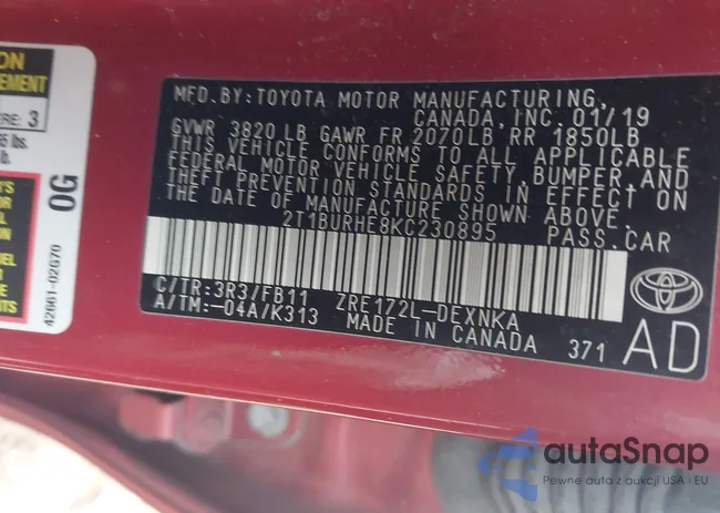 2T1BURHE8KC230895: 44374317