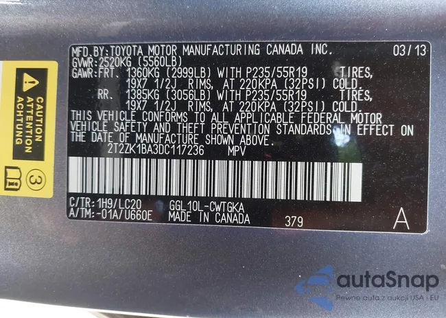 2T2ZK1BA3DC117236: 44373845