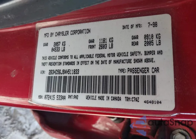 2B3HD56J9XH511833: 44380633