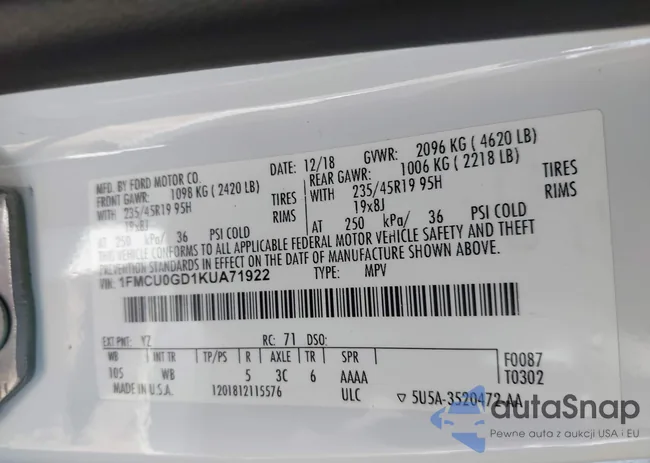 1FMCU0GD1KUA71922: 44390451