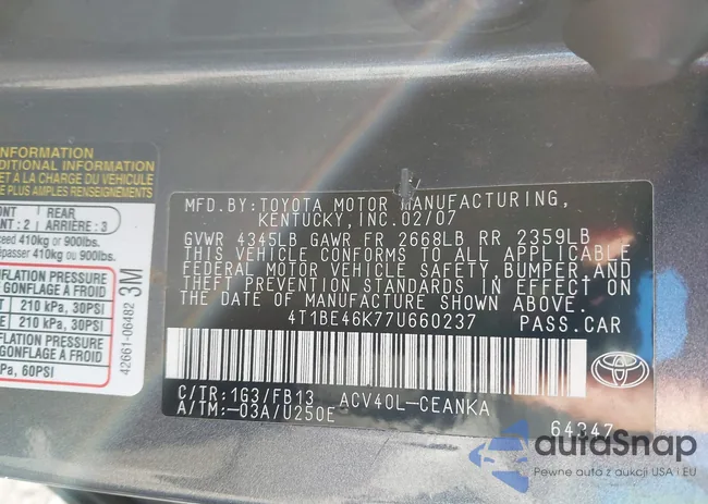 4T1BE46K77U660237: 44391461