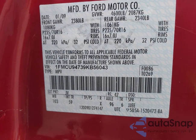 1FMCU94739KB56043: 44391617