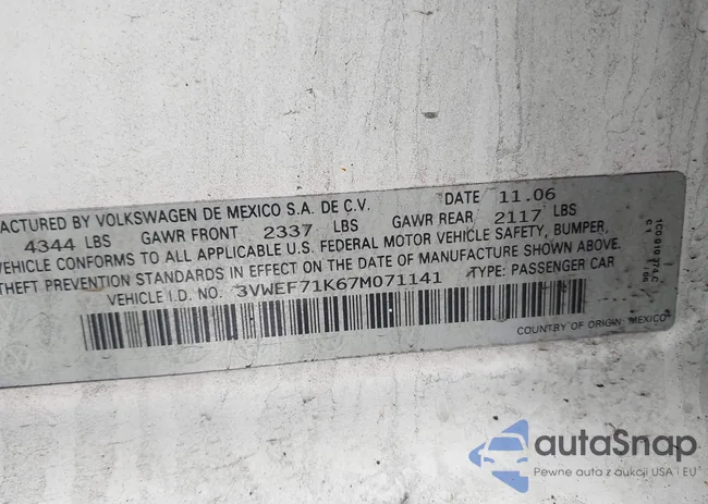 3VWEF71K67M071141: 44391836