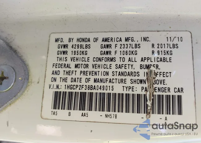 1HGCP2F38BA049015: 44392981