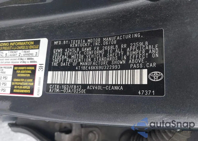 4T1BE46K69U322993: 44395730