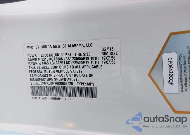 5FNRL6H96KB006930: 44400070