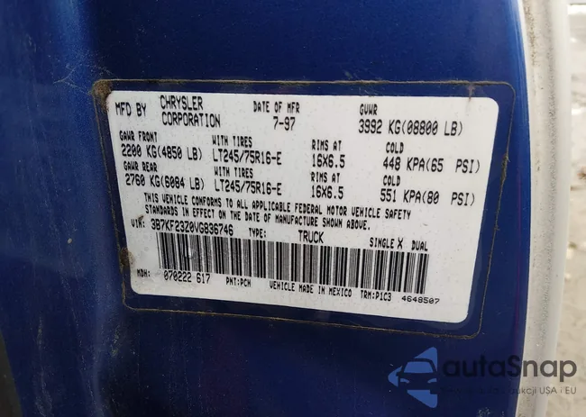 3B7KF23Z0VG836746: 44400233