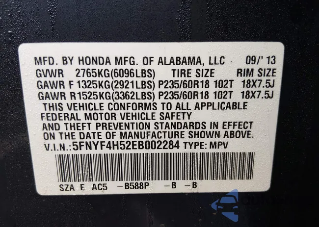 5FNYF4H52EB002284: 44400344