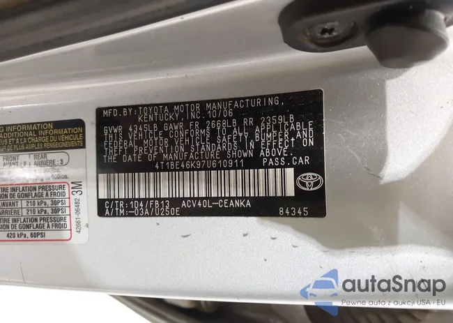 4T1BE46K97U610911: 44400917