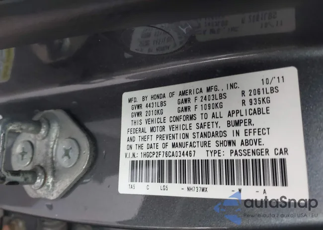 1HGCP2F76CA034467: 44403467