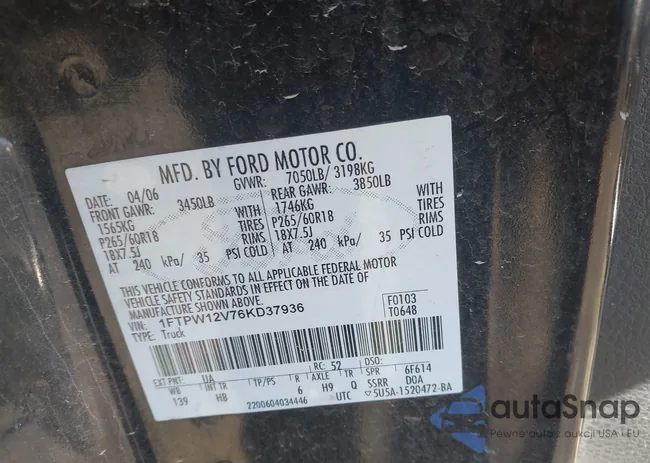 1FTPW12V76KD37936: 44405270