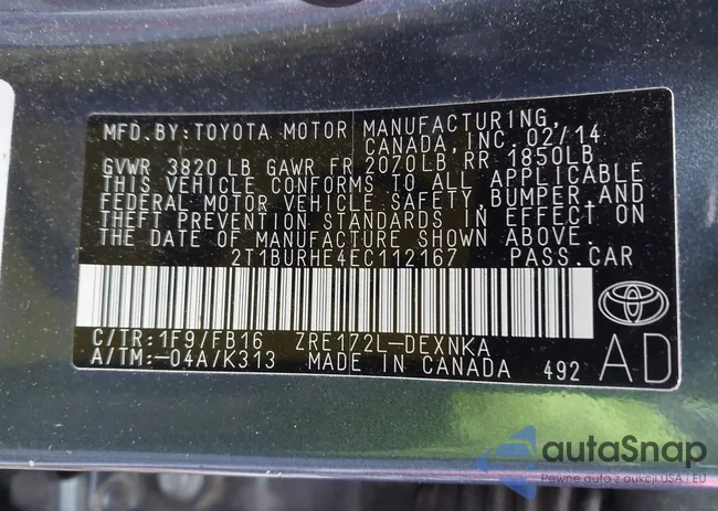 2T1BURHE4EC112167: 44406287