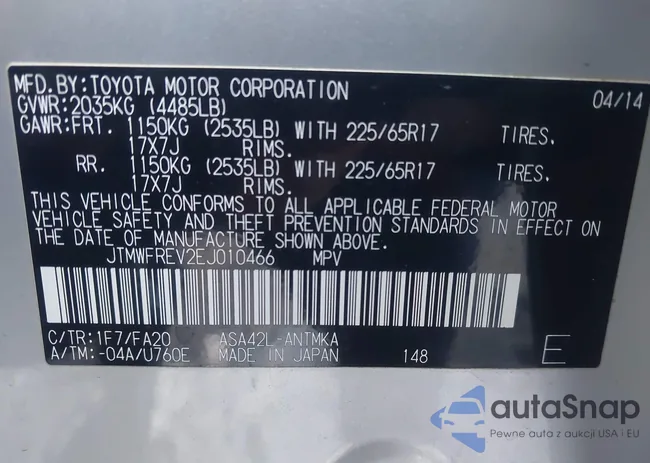 JTMWFREV2EJ010466: 44406746