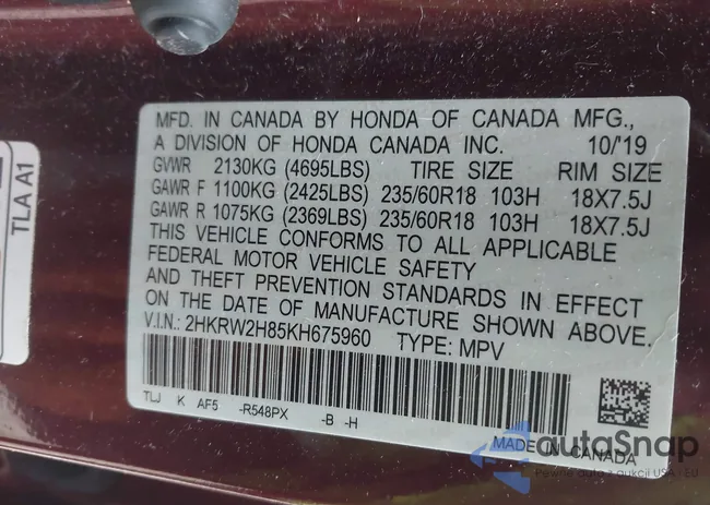 2HKRW2H85KH675960: 44409144