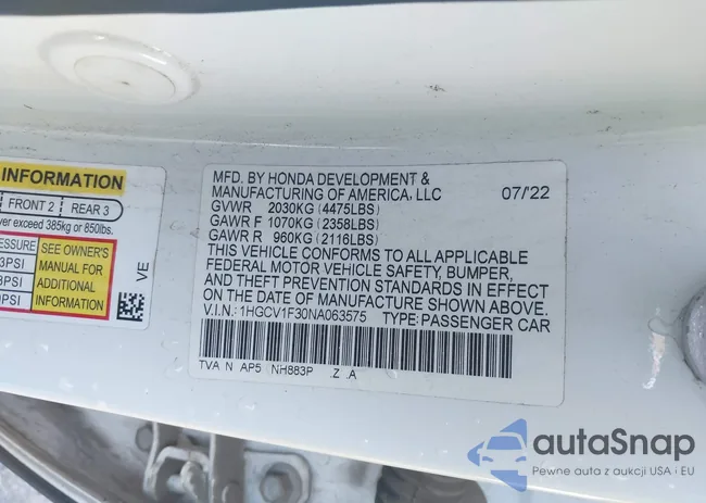 1HGCV1F30NA063575: 44411010