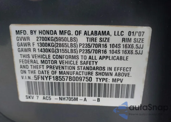 5FNYF18557B009750: 44412152