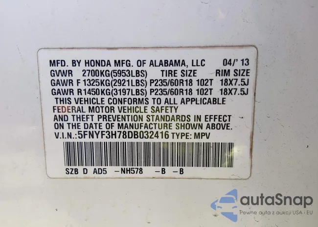 5FNYF3H78DB032416: 44413384