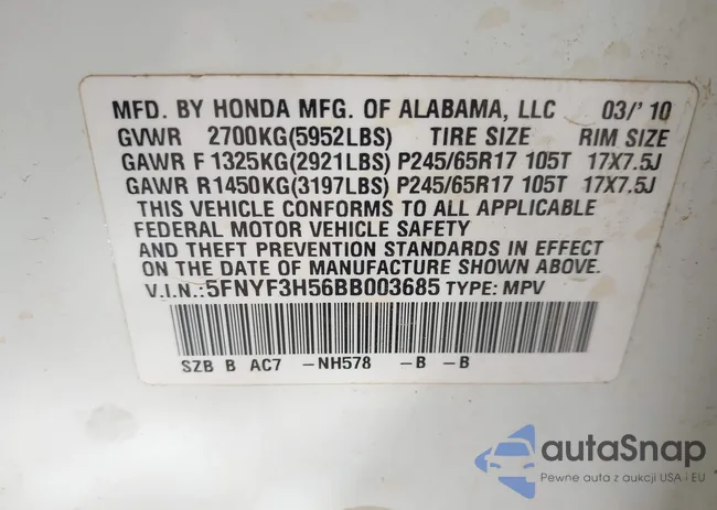 5FNYF3H56BB003685: 44418028