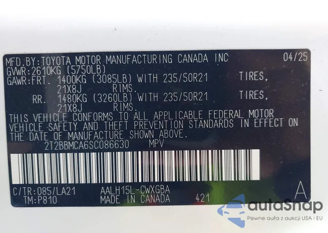 2T2BBMCA6SC086630: 44417609