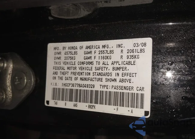 1HGCP36778A049329: 44420609