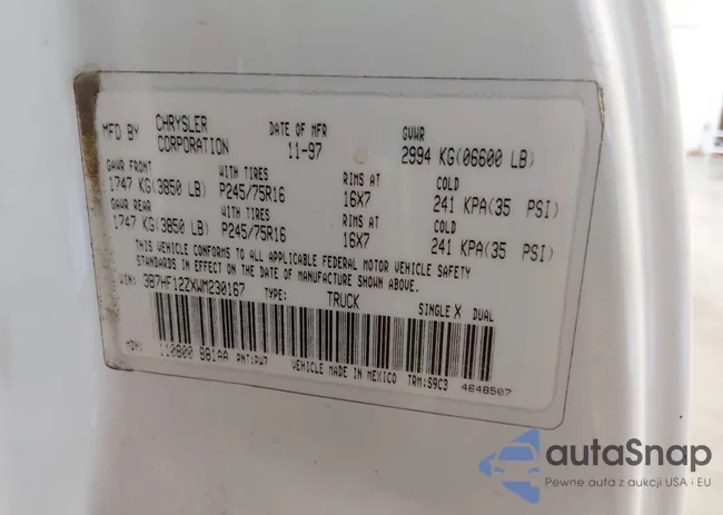 3B7HF12ZXWM230167: 44421725