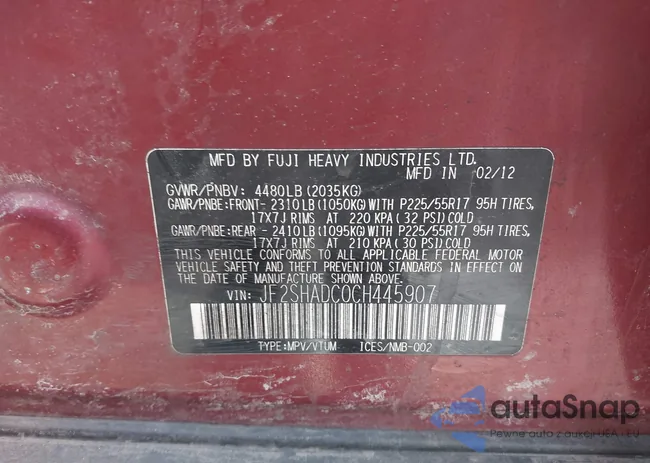 JF2SHADC0CH445907: 44424237