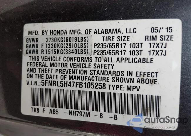 5FNRL5H47FB105258: 44424505