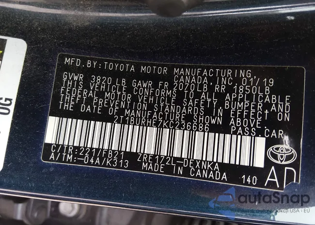 2T1BURHE7KC236686: 44425530