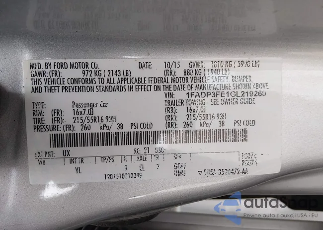 1FADP3FE1GL219260: 44425645