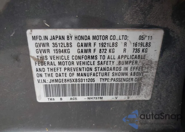 JHMGE8H5XBS011205: 44427055