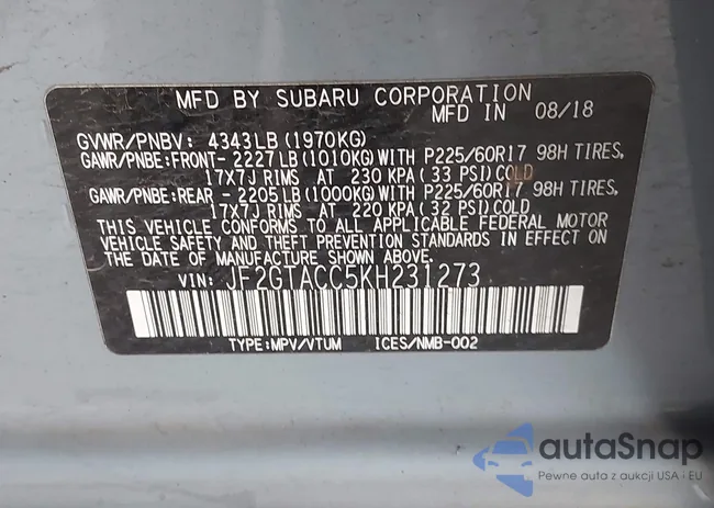 JF2GTACC5KH231273: 44426608