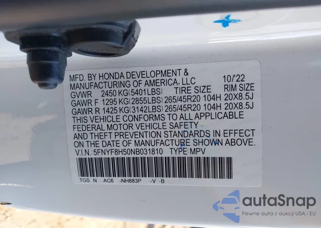 5FNYF8H50NB031810: 44433129