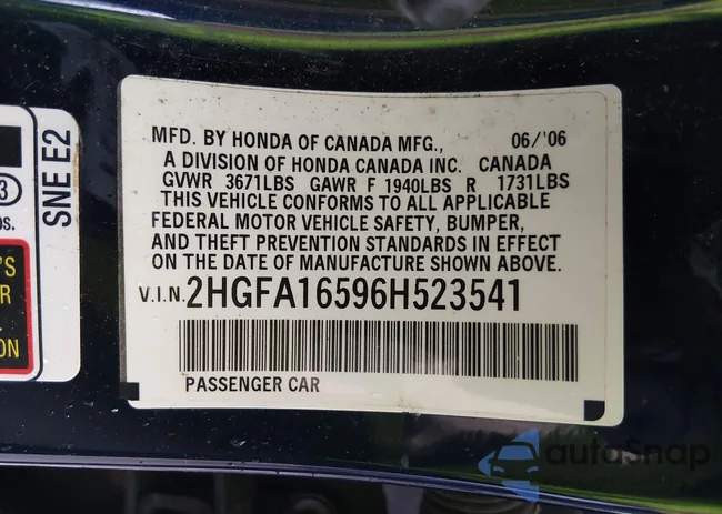 2HGFA16596H523541: 44434767