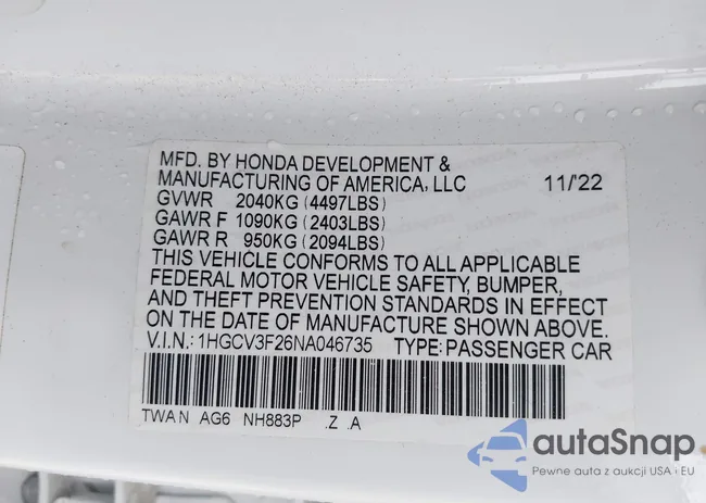 1HGCV3F26NA046735: 44435020