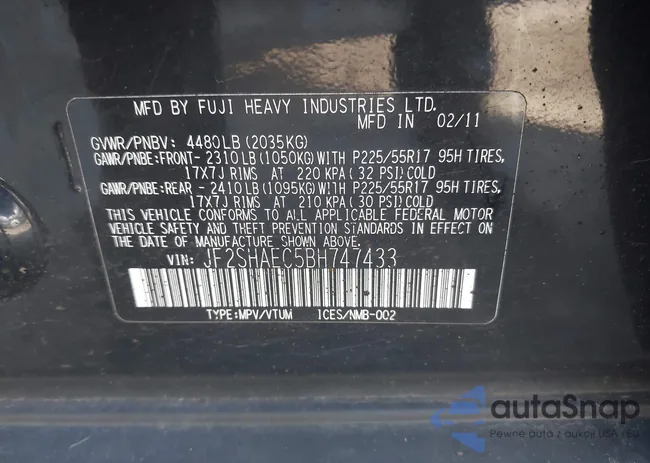 JF2SHAEC5BH747433: 44435350