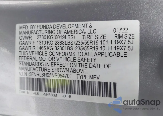 5FNRL6H95NB054701: 44435555