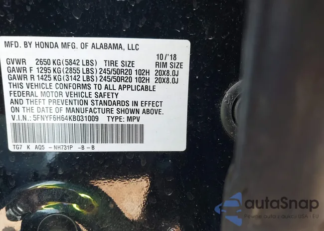 5FNYF6H64KB031009: 44439326