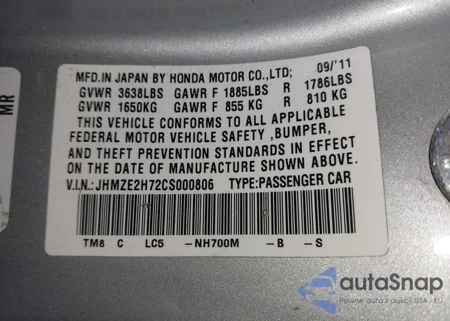 JHMZE2H72CS000806: 44439770