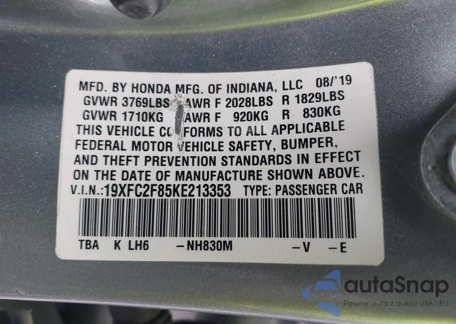 19XFC2F85KE213353: 44442225