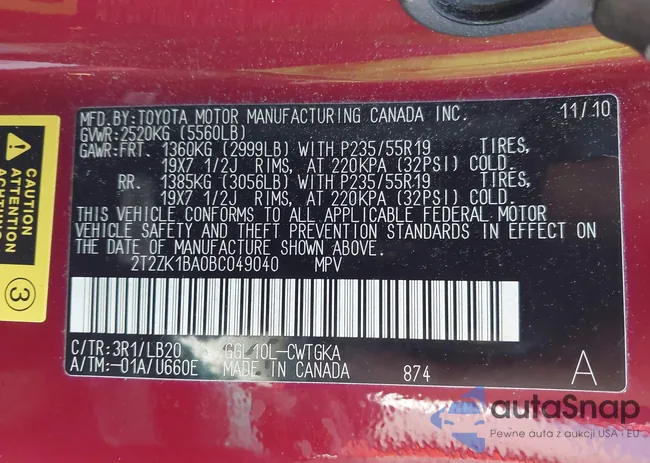 2T2ZK1BA0BC049040: 44443925